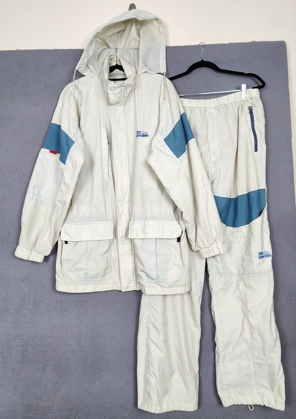 First Down Mens Large Beige Hooded Sailing Jacket Pants Set Fishing Outdoor